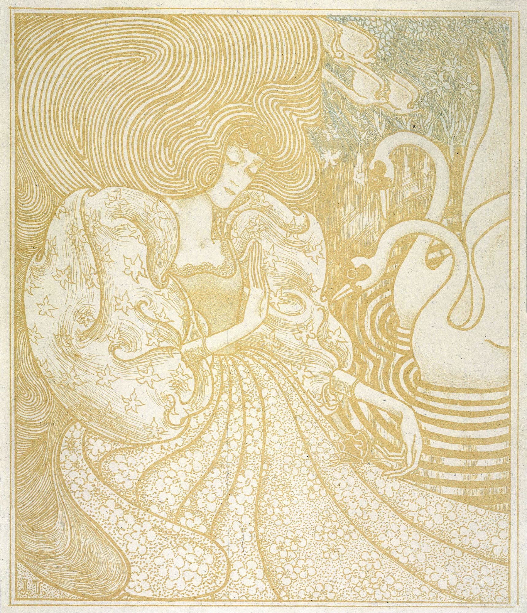 Artistic depiction of a woman with swans in a stylized, possibly Art Nouveau, design.