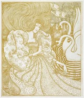 High-quality Giclée reproduction of Jan Toorop's Symbolist drawing 'The Two Swans,' depicting a woman with long, flowing hair seated beside two stylized white swans on rippling water, vintage 1898.