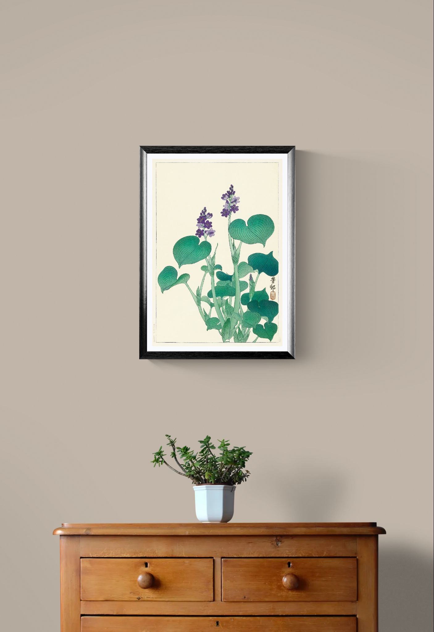 Framed botanical print on a wall above a wooden dresser with a plant.