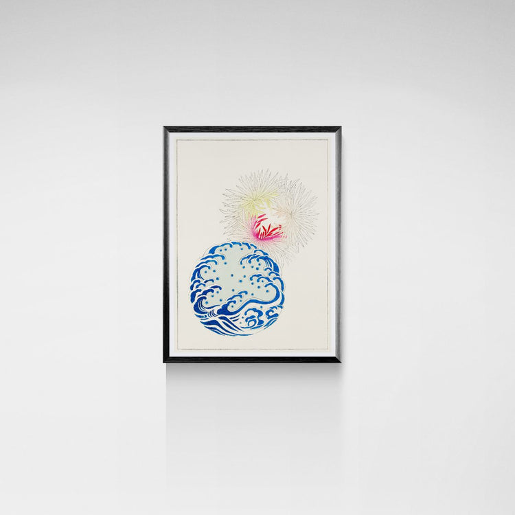 Framed artwork with a blue and pink design on a white wall