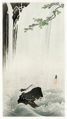 Traditional Japanese artwork of a person running through water with a waterfall in the background