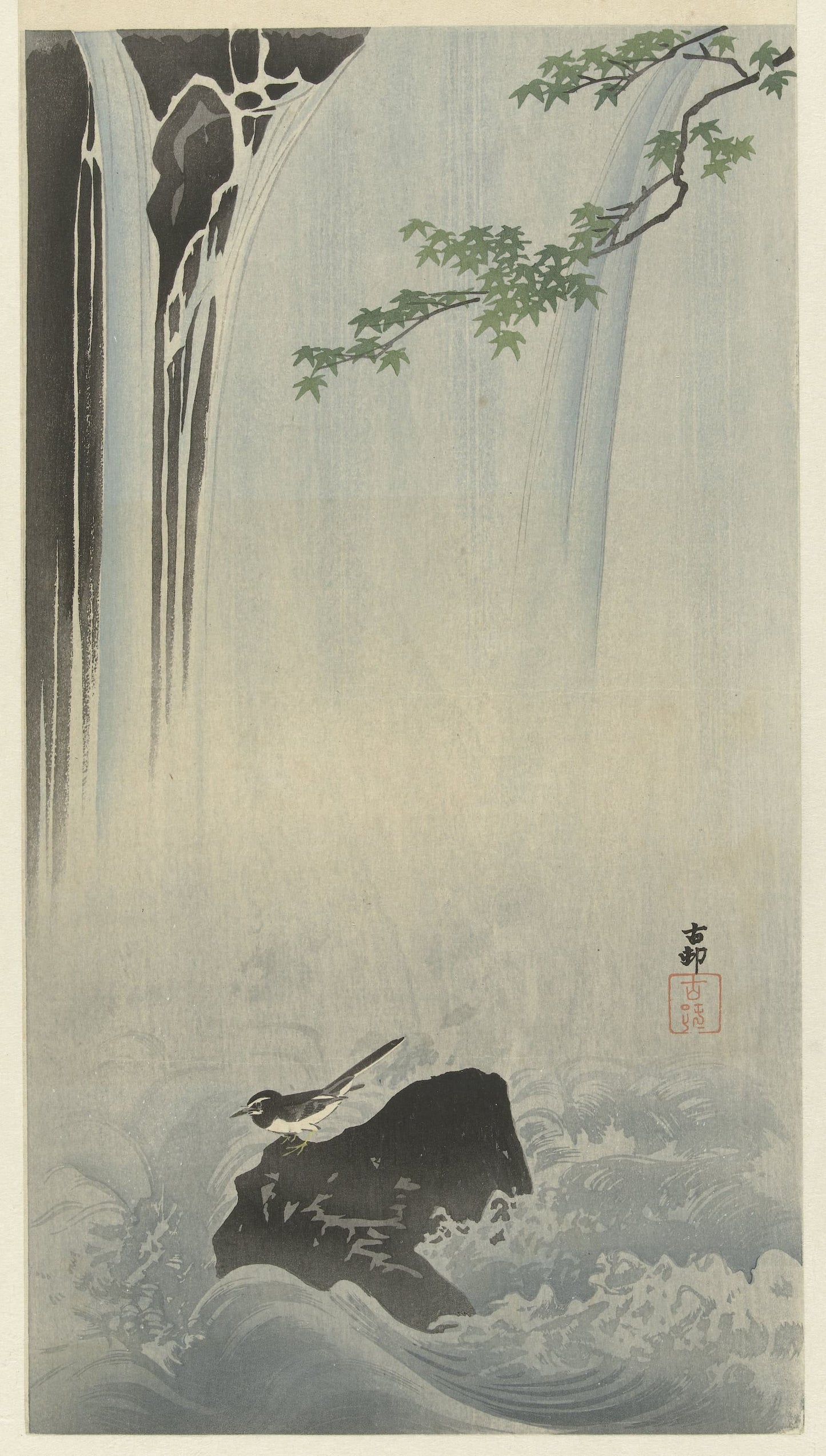 Traditional Japanese woodblock print of a warrior on a rock with a waterfall in the background