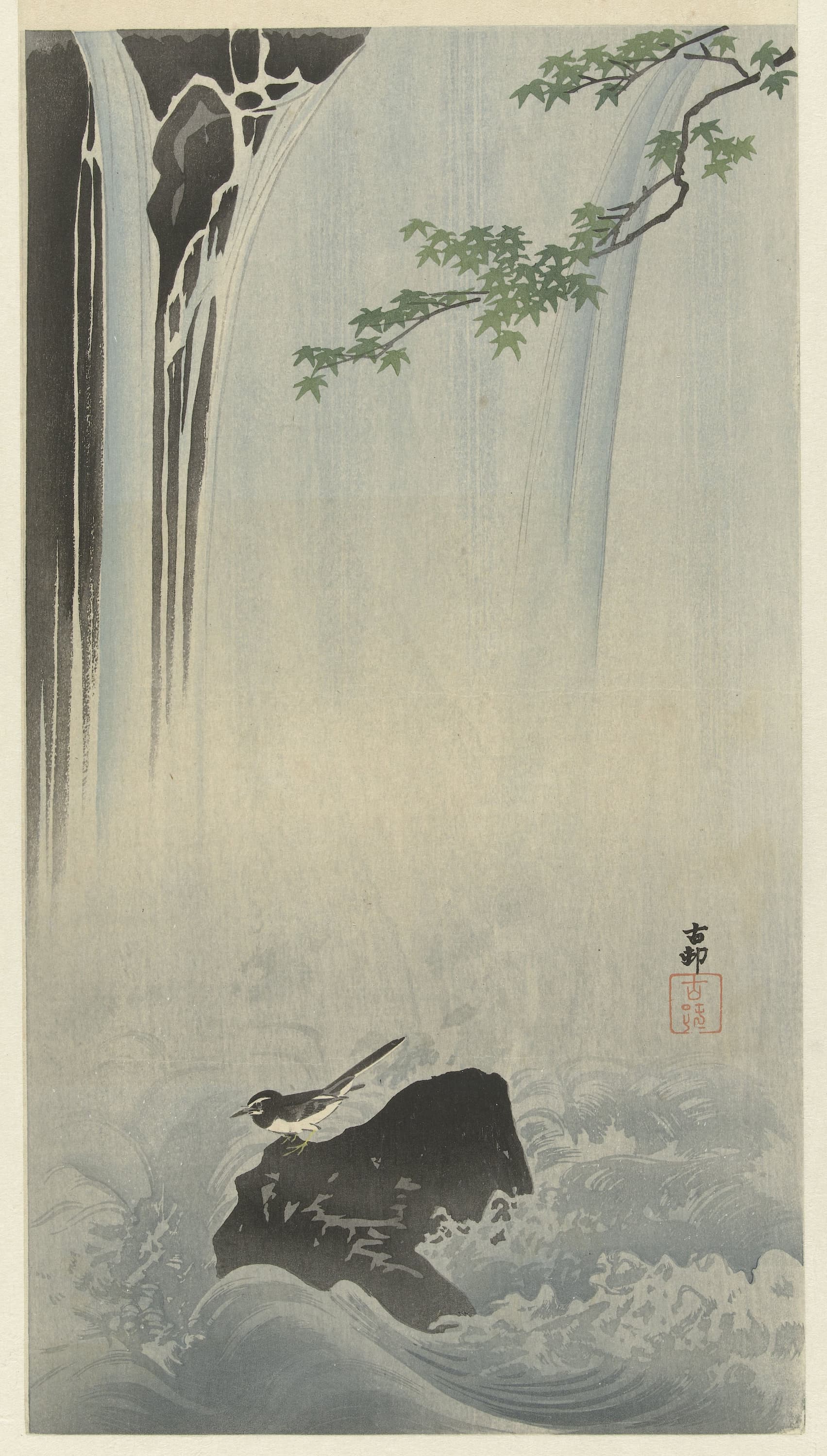 Traditional Japanese woodblock print of a warrior on a rock with a waterfall in the background