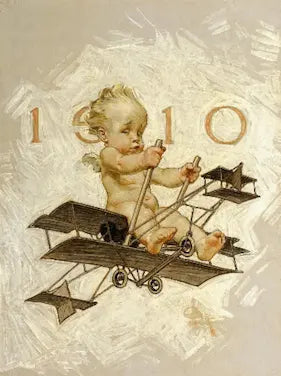High quality Giclée reproduction of J.C. Leyendecker's 1910 Saturday Evening Post cover, showing the New Year's Baby cherub flying a biplane, Golden Age illustration.