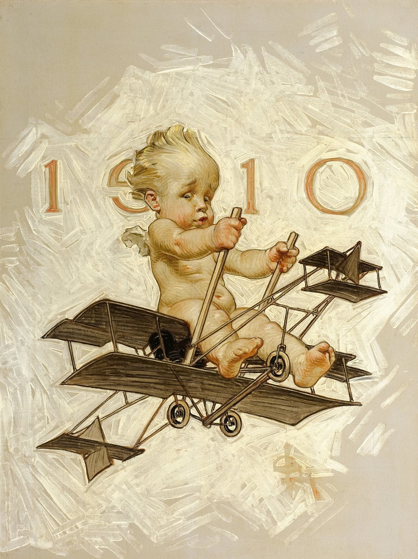 Illustration of a baby in a vintage airplane with '1910' text on a textured background