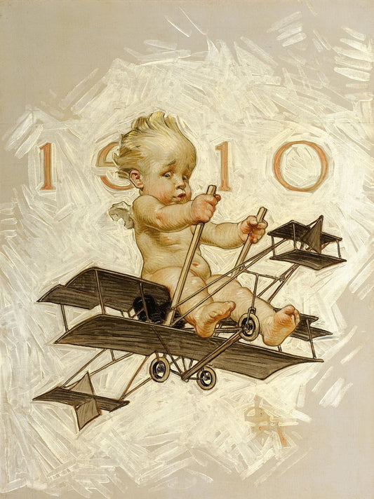 Illustration of a baby in a vintage airplane with '1910' text on a textured background