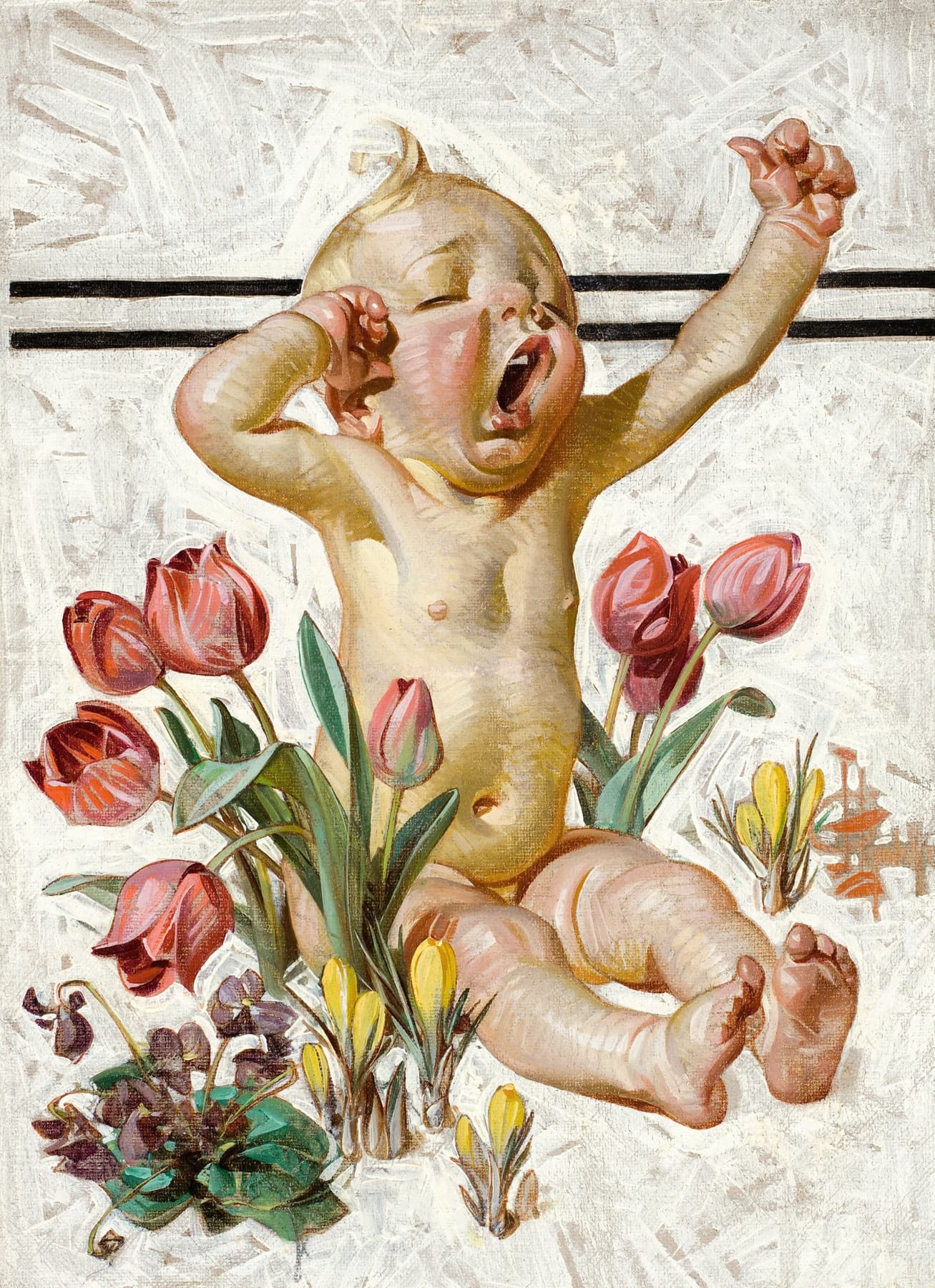 Painting of a child surrounded by flowers on a textured wall.