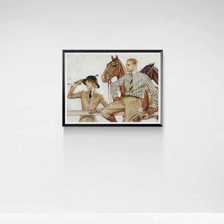 Framed artwork of two people on horseback against a white background