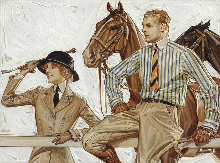 Illustration of a man and woman in equestrian attire with horses in the background