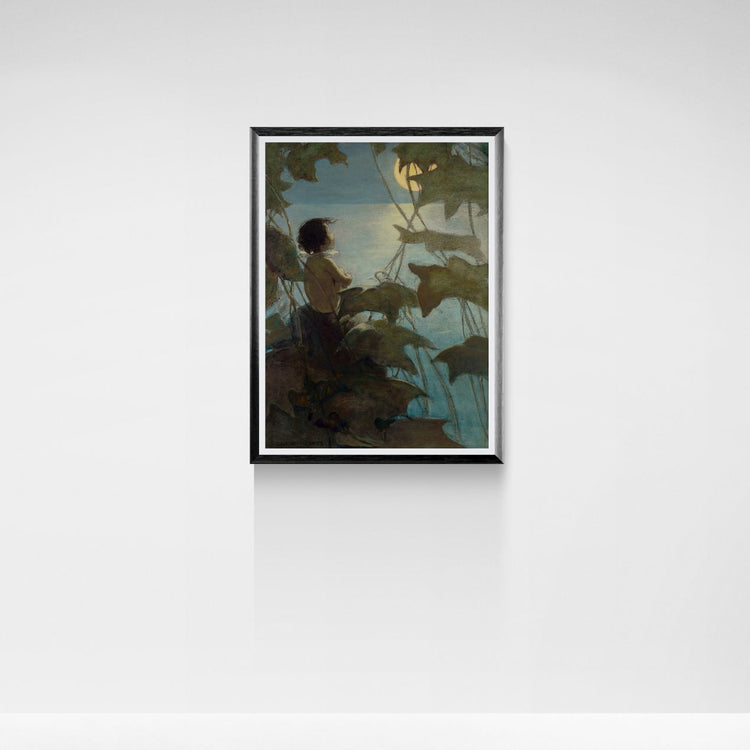 Framed artwork of a person sitting by a body of water with trees, on a white wall.