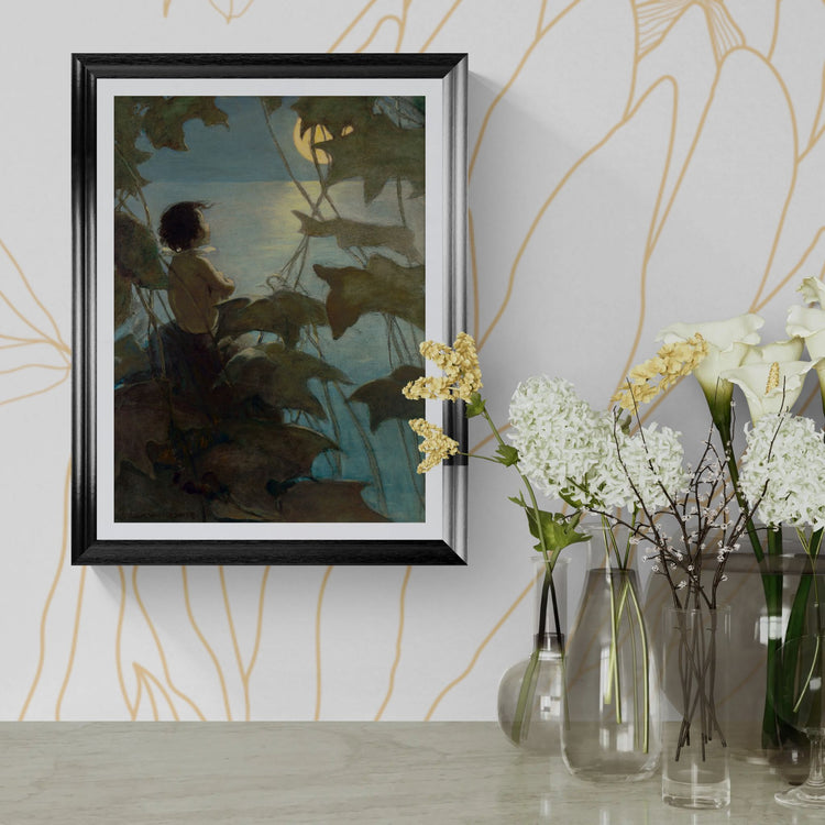 Framed artwork on a wall with decorative vases and flowers below.
