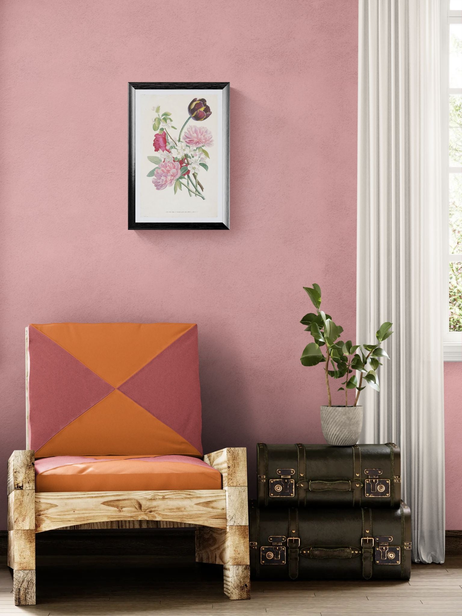 Decorative chair with geometric cushion, framed floral art on pink wall, and vintage suitcase.