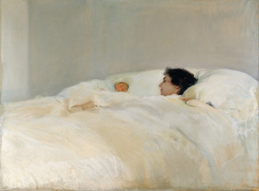 Museum-quality Giclée reproduction of Joaquín Sorolla's serene 1890s "The Mother" painting, featuring a mother tenderly looking at her infant, surrounded by luminous white sheets in a bed. Ideal for bedroom or sentimental nursery decor.