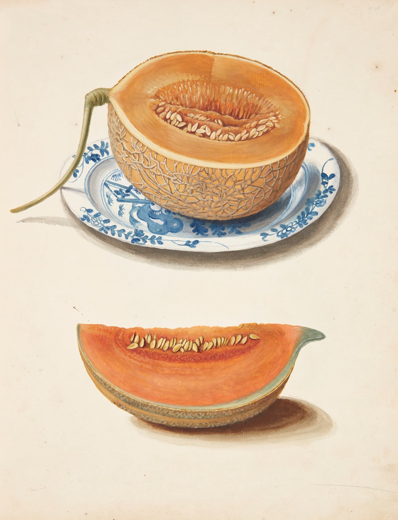 High-quality Giclée reproduction of Johanna Fosie's 1750s melon botanical illustration, showing a cantaloupe cut in half on a blue and white plate, 18th century still life.