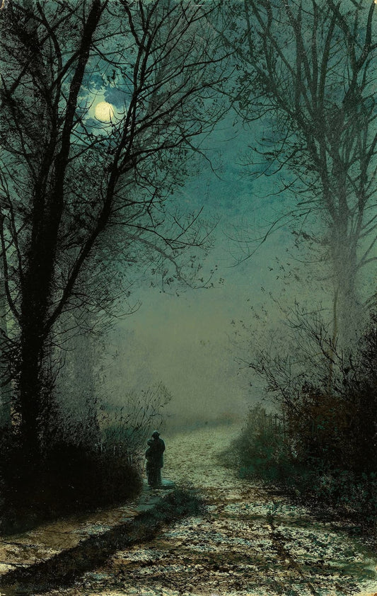 High-quality Giclée reproduction of John Atkinson Grimshaw's Moonlit Lane, showing two figures (lovers) on a misty path under trees and a full moon, Victorian Nocturne painting.