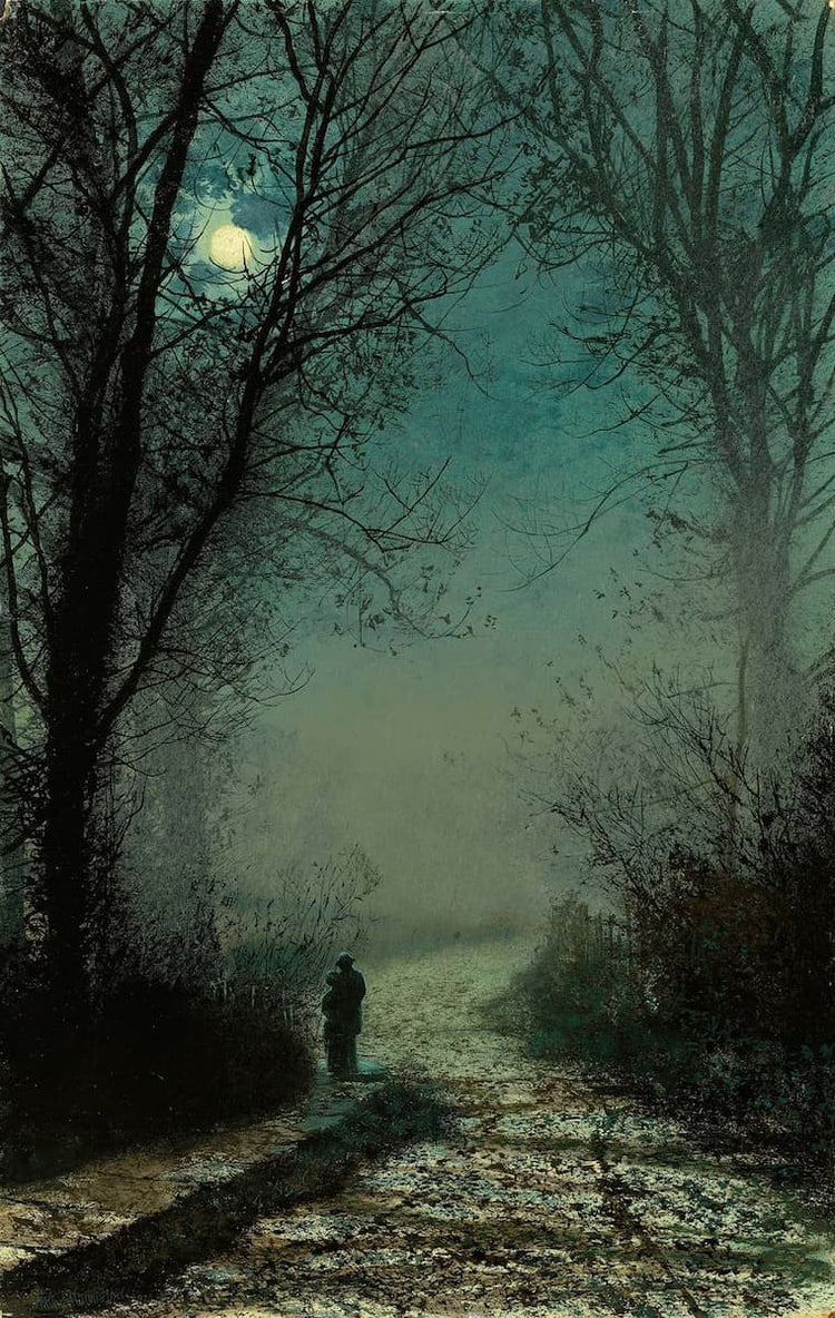 John Atkinson Grimshaw prints: Lovers on a Moonlit Lane (c. 1880) Giclée Nocturne