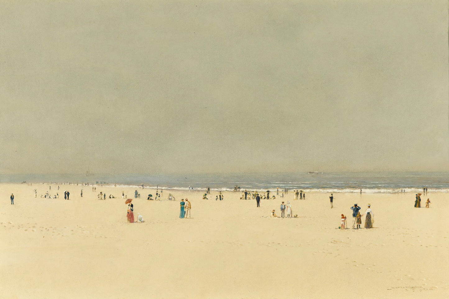 High-quality Giclée reproduction of John Atkinson Grimshaw's Scarborough Beach, showing a wide sandy beach with numerous Victorian figures under a grey sky, 1800s coastal landscape.