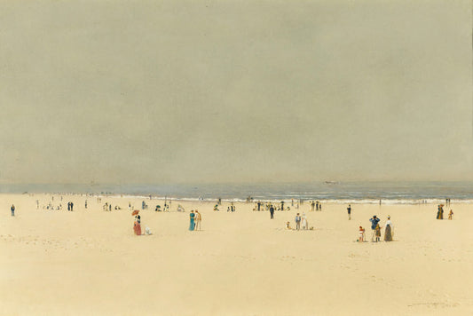 High-quality Giclée reproduction of John Atkinson Grimshaw's Scarborough Beach, showing a wide sandy beach with numerous Victorian figures under a grey sky, 1800s coastal landscape.