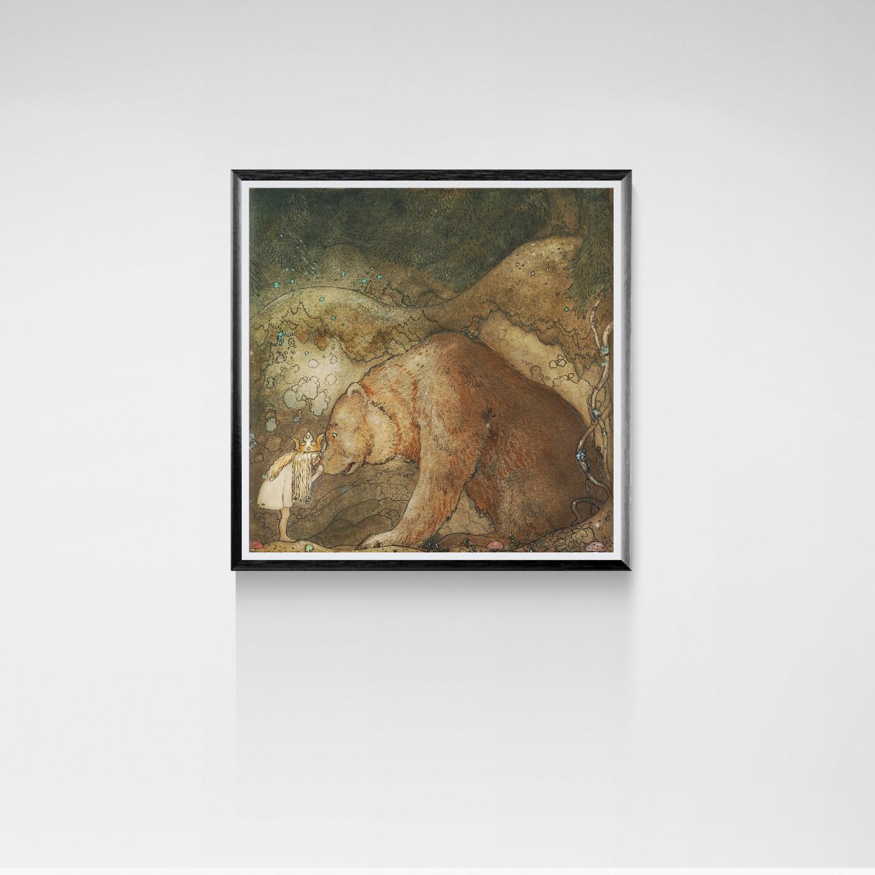 Framed artwork of a girl standing next to a bear on a white wall