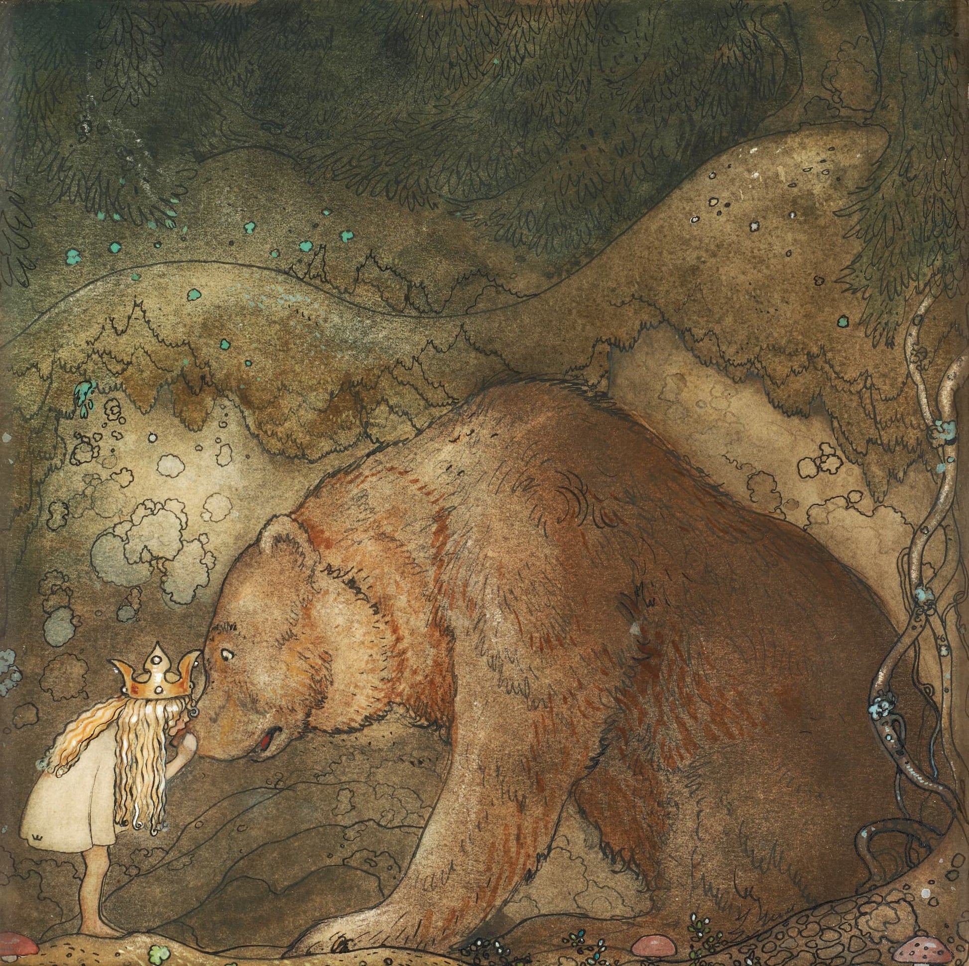 Illustration of a small fairy-like creature standing next to a large bear in a forest setting.