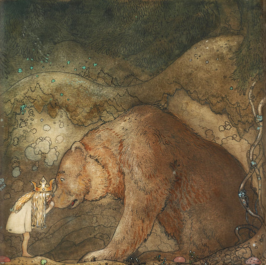 Illustration of a small fairy-like creature standing next to a large bear in a forest setting.