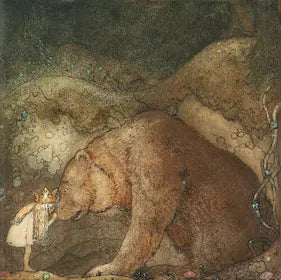 High quality Giclée print of John Bauer's 1912 fairy tale illustration "Poor Little Bear," showing a small crowned figure kissing a large brown bear in a mystical forest.