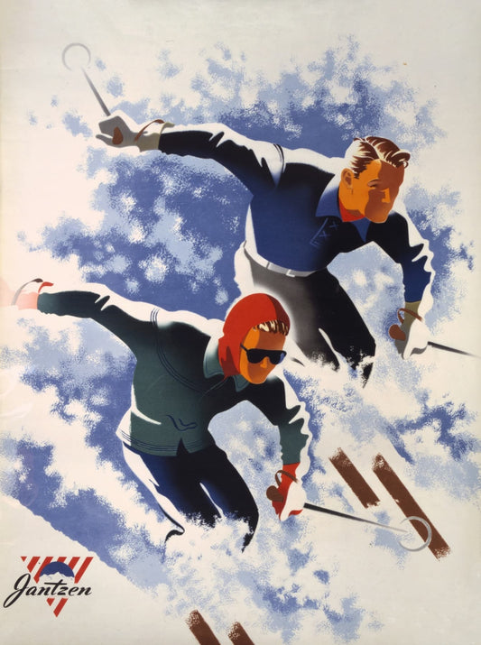 High-quality Giclée reproduction of Joseph Binder's 1940s retro ski poster. showing two skiers descending a slope in dramatic Modernist style, vintage sportswear advertisement.
