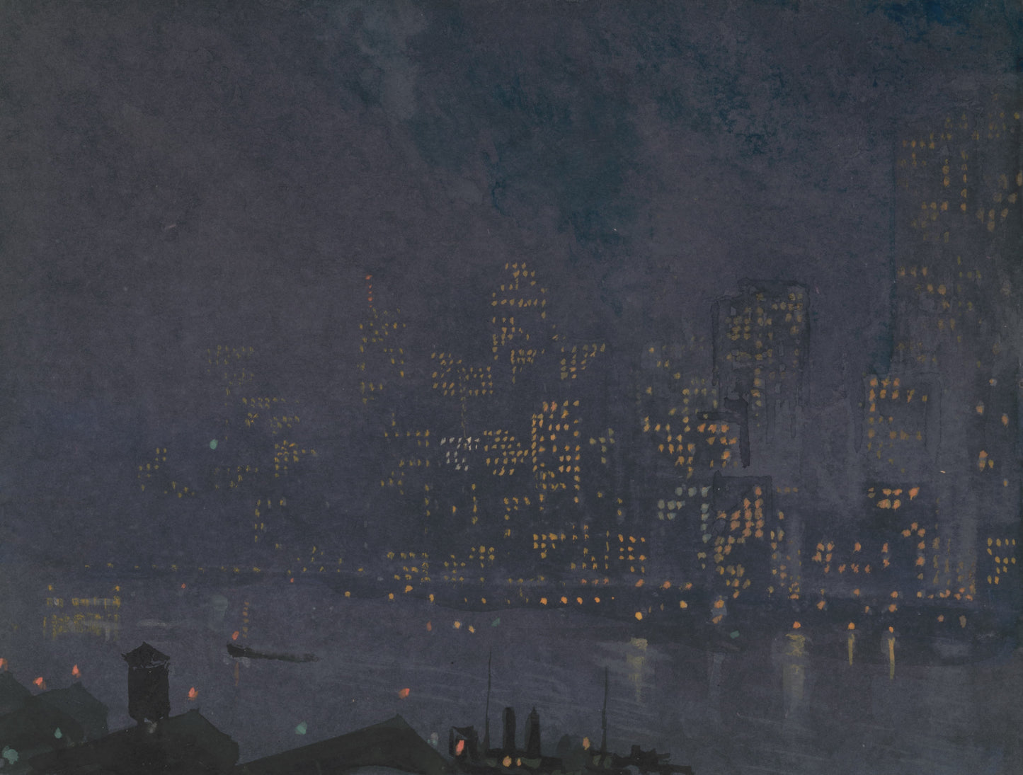 Cityscape at night with illuminated buildings and a body of water.
