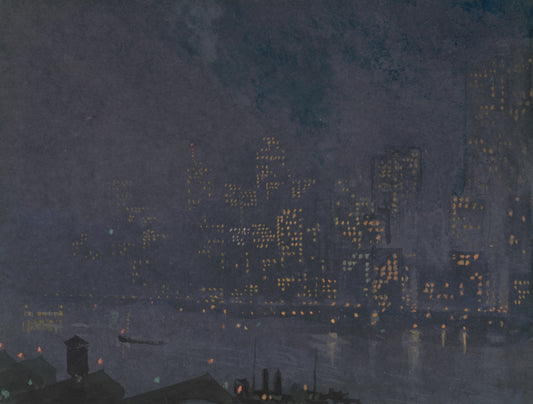 Cityscape at night with illuminated buildings and a body of water.