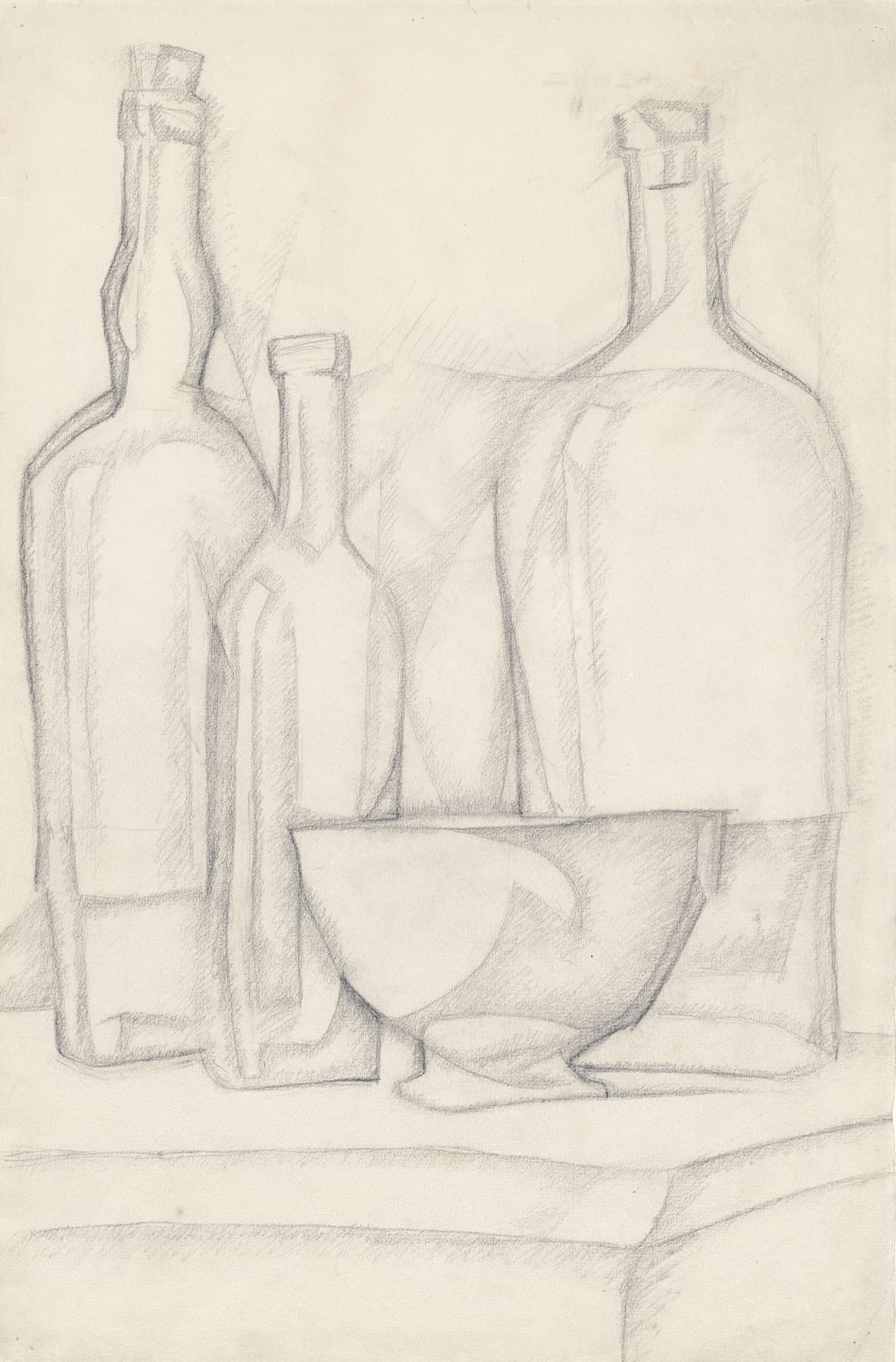High-quality Giclée reproduction of Juan Gris's cubist drawing 'Bottles and Bowl,' featuring three bottles and a stemmed bowl rendered in a fragmented, overlapping style, vintage 1913.