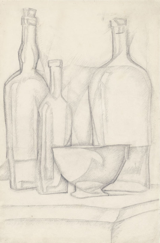 High-quality Giclée reproduction of Juan Gris's cubist drawing 'Bottles and Bowl,' featuring three bottles and a stemmed bowl rendered in a fragmented, overlapping style, vintage 1913.