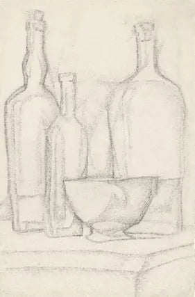 High-quality Giclée reproduction of Juan Gris's cubist drawing 'Bottles and Bowl,' featuring three bottles and a stemmed bowl rendered in a fragmented, overlapping style, vintage 1913.