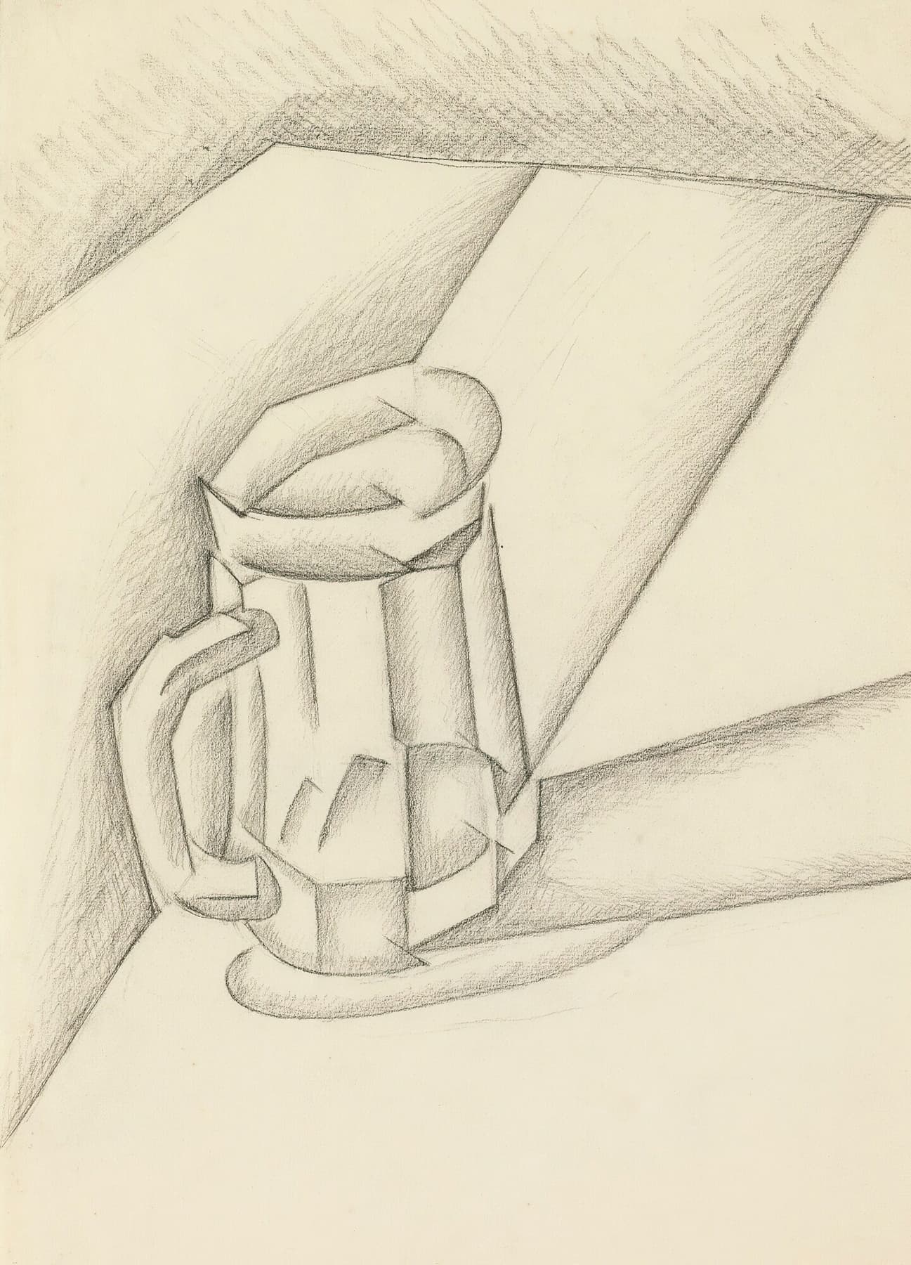 Pencil drawing of a glass pitcher with handle on a neutral background