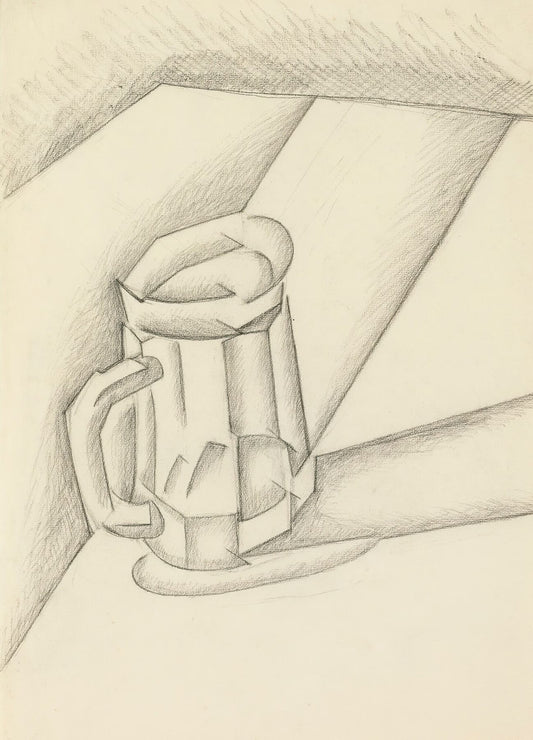 Pencil drawing of a glass pitcher with handle on a neutral background