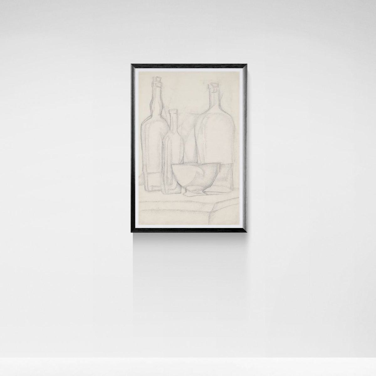 Framed line drawing of bottles on a white background