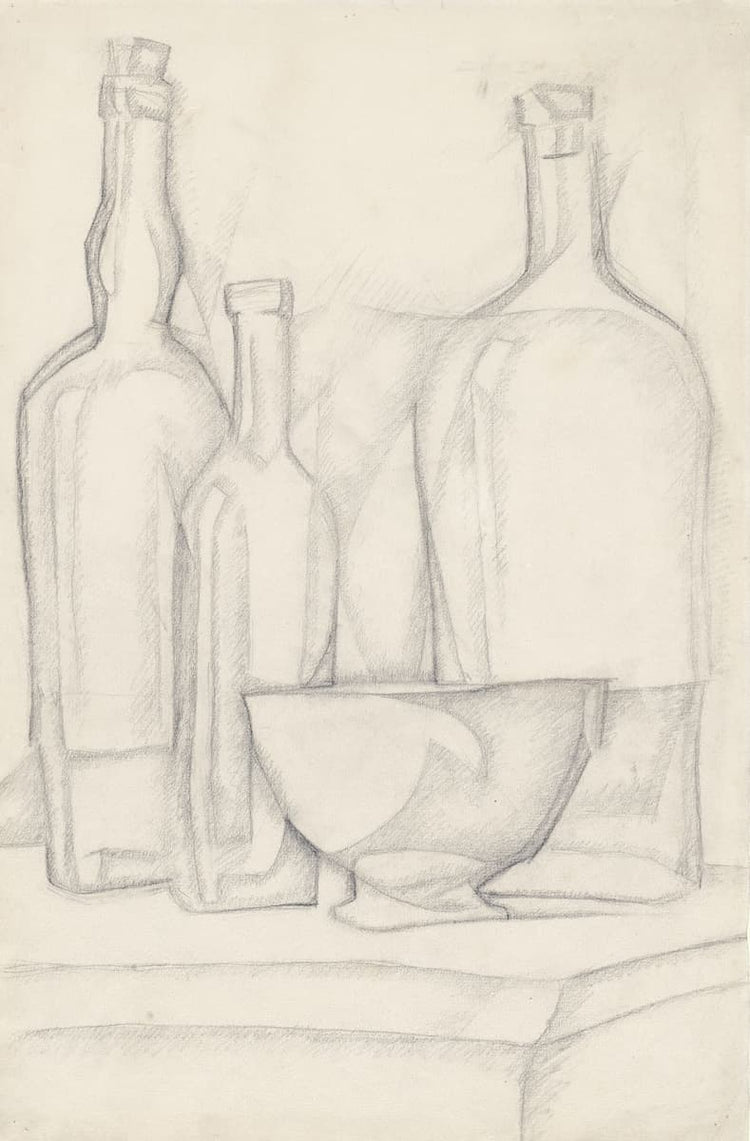 Pencil drawing of three bottles on a neutral background