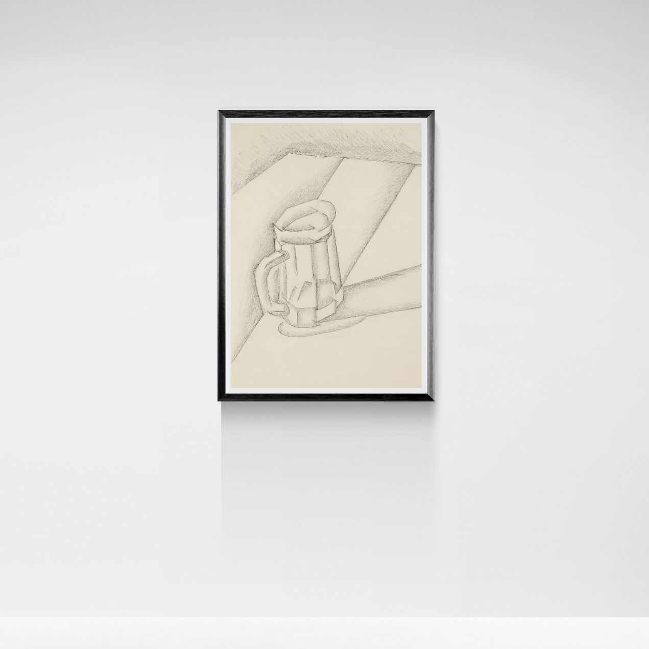 Framed black and white drawing of a beer glass on a plain background