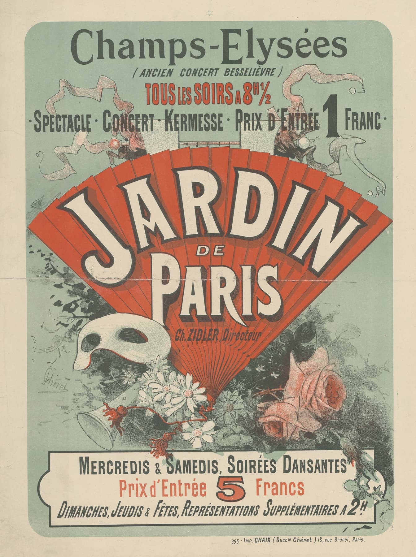 Vintage poster for Jardin de Paris with decorative elements and text.