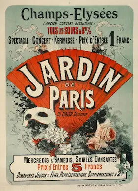 High-quality Giclée reproduction of Jules Chéret's chromolithograph advertising the Jardin de Paris on the Champs-Élysées, featuring a large red fan and figures in masks and costumes, vintage 1890s Art Nouveau poster.