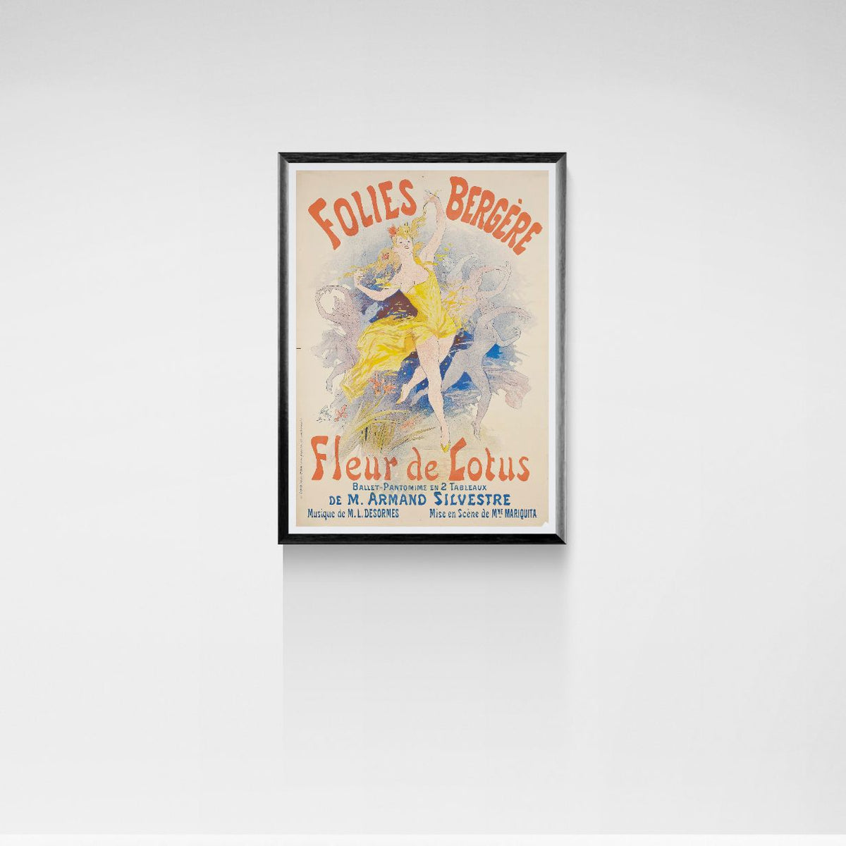 Vintage-style poster with a woman in a yellow dress on a white wall