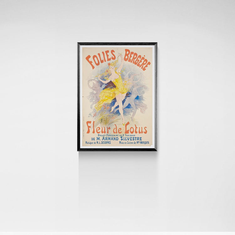 Vintage-style poster with a woman in a yellow dress on a white wall