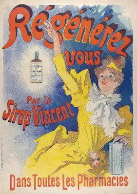 High-quality Giclée reproduction of Jules Chéret's chromolithograph showing a smiling woman in a yellow dress reaching up toward a bottle of Syrop Vincent, vintage 1890s French advertising poster.
