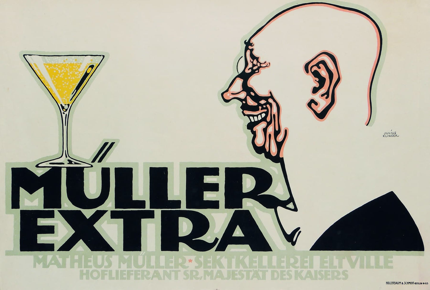 High quality Giclée reproduction of Julius Klinger's 1912 Plakatstil poster for Müller Extra sparkling wine, featuring a bold graphic portrait and champagne glass.