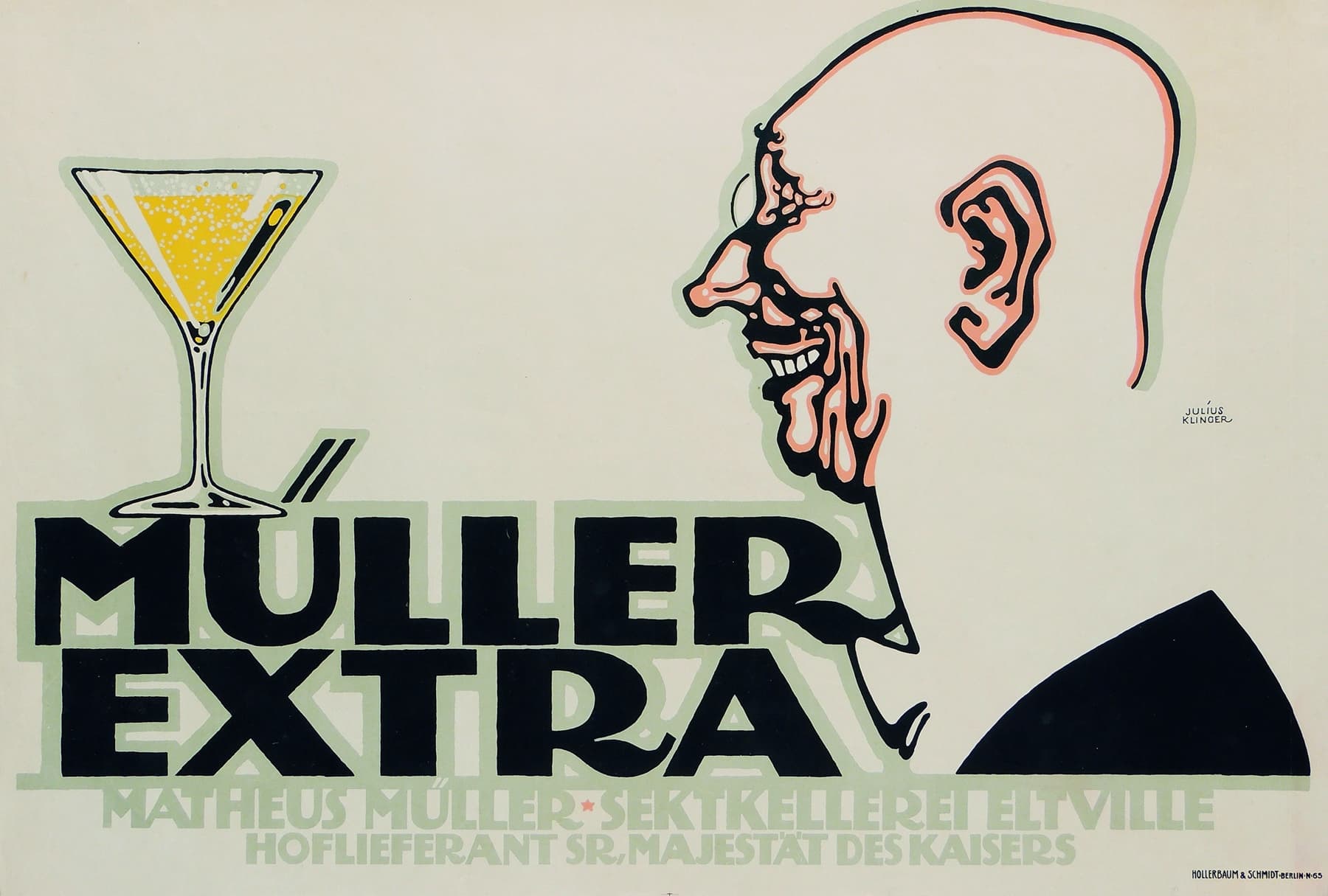 High quality Giclée reproduction of Julius Klinger's 1912 Plakatstil poster for Müller Extra sparkling wine, featuring a bold graphic portrait and champagne glass.