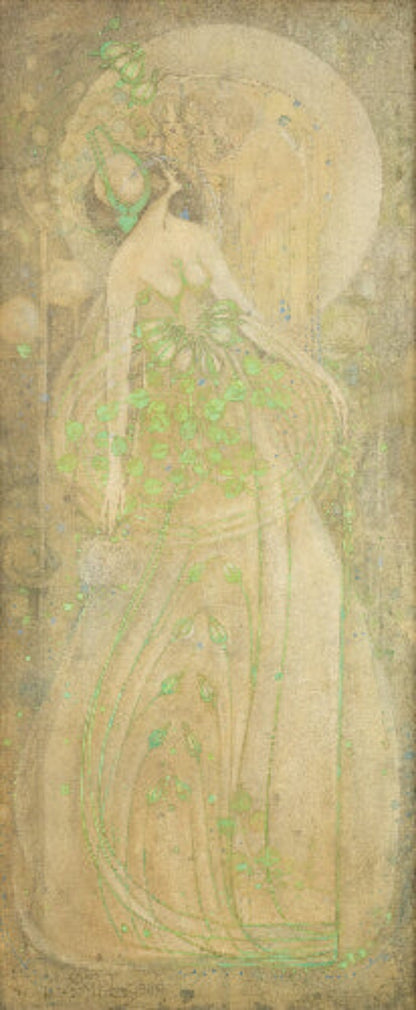 Art print by Margaret Macdonald Mackintosh. Ethereal, elongated figure in flowing gown with green accents. Glasgow Style Art Nouveau gesso panel.