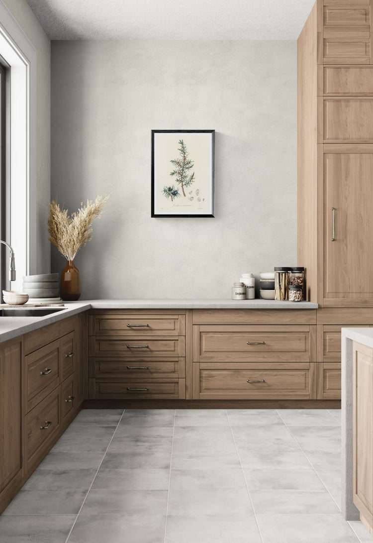 Modern kitchen with wooden cabinets, white walls, and a decorative plant.