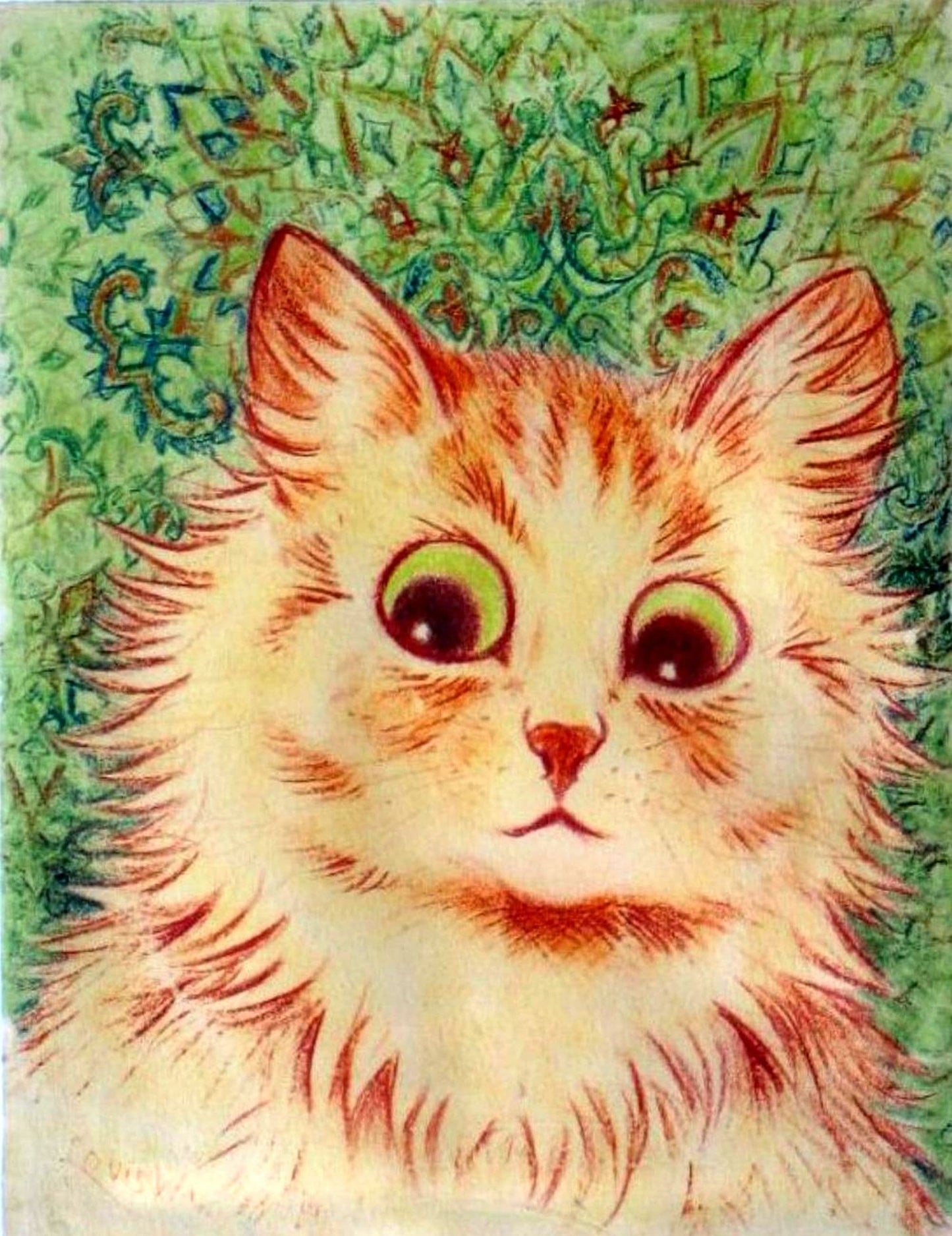 Illustration of a cat with large eyes on a decorative green background