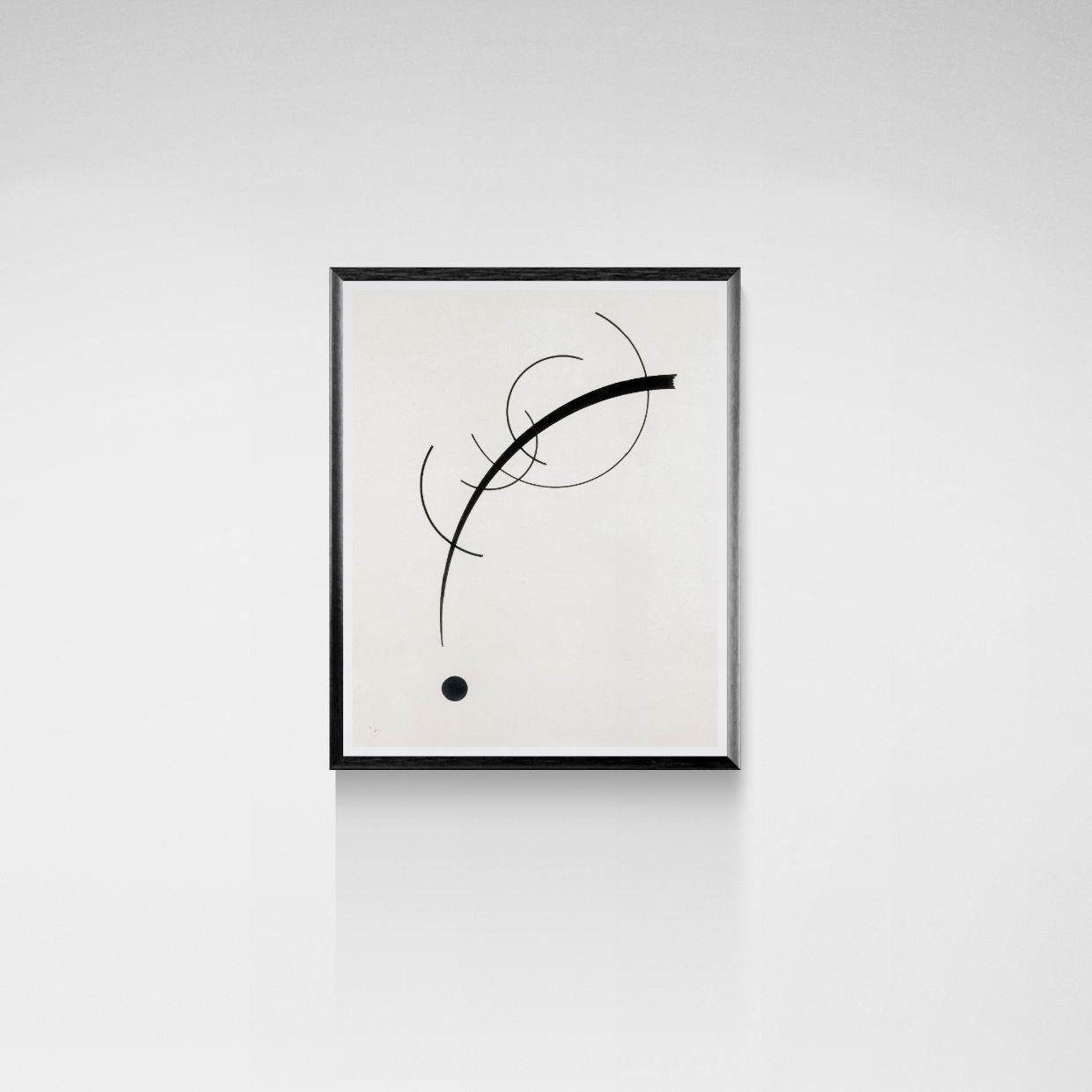 Framed abstract artwork with black lines on a white background