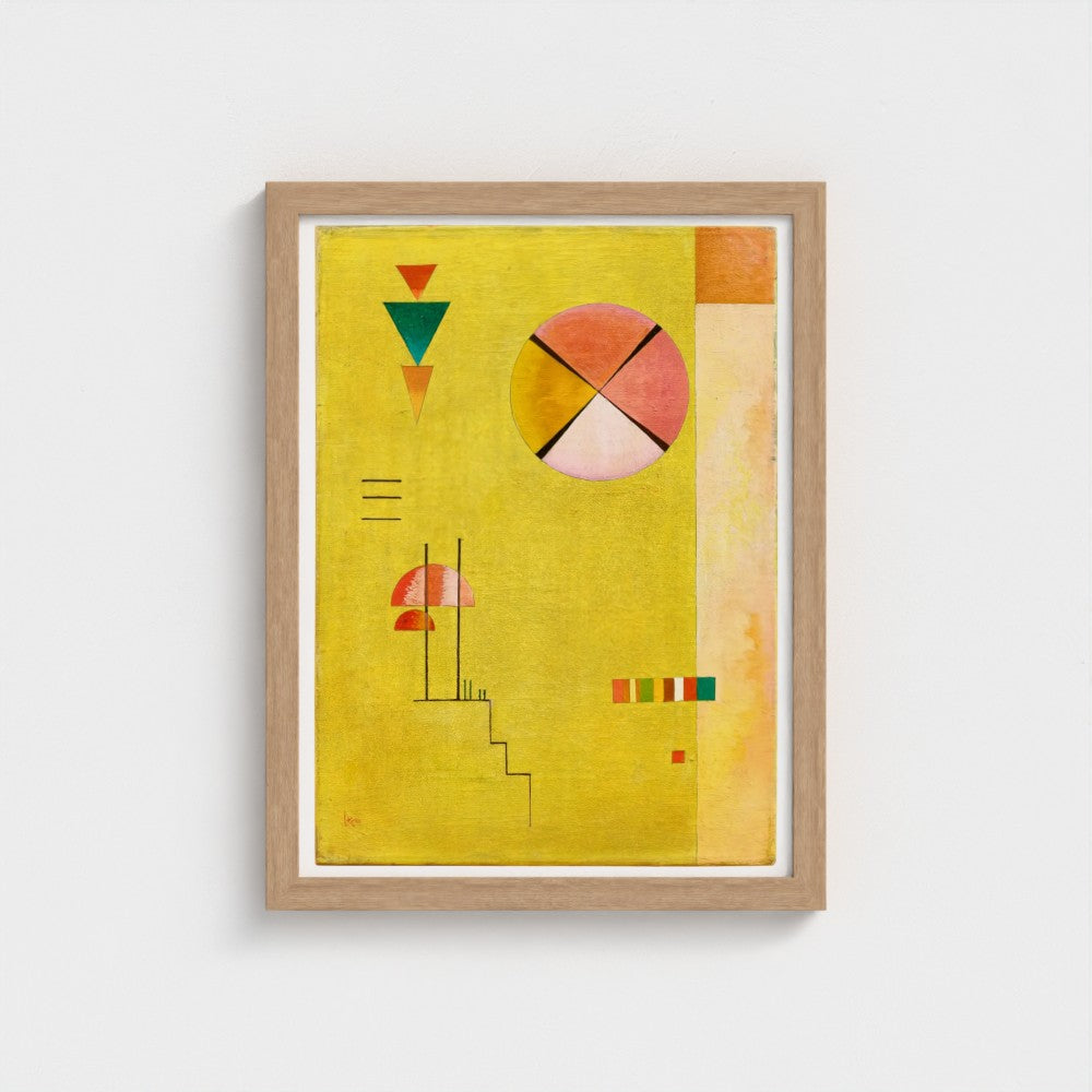 Framed abstract art with geometric shapes on a yellow background