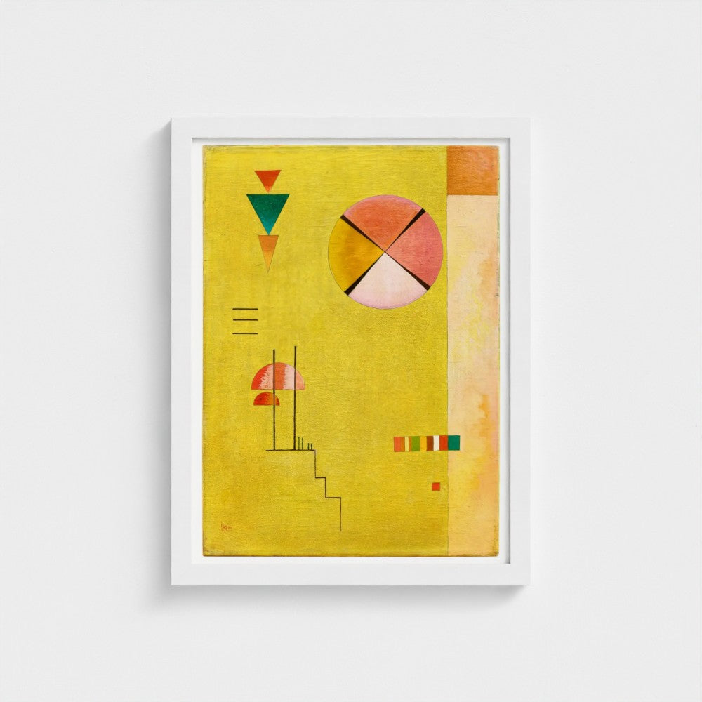 Framed abstract art print with geometric shapes on a yellow background
